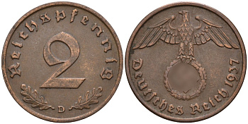 Германия 2 рейхспфеннига 1937 D KM 90, J. 362 бронза 4147-1255
