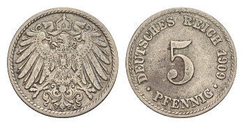 Германия 5 пфеннигов 1909 A, Вильгельм II (1888-1918) KM 11, J. 12 медно-никель 4640-129