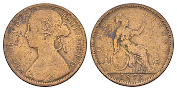 Великобритания 1 пенни 1873 Виктория (1837-1901) KM 749.2, Spink 3955 бронза 109-1244