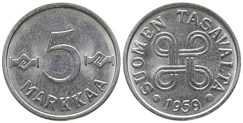 Финляндия 5 марок 1959 KM 37a никелированное железо 100-1011