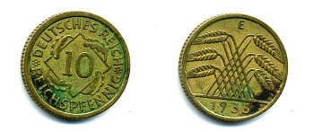 ГЕРМАНИЯ 10 РЕЙХСПФЕННИГОВ 1935 Е, KM 40, J. 317 алюминиевая бронза 56-1411
