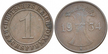 ГЕРМАНИЯ 1 РЕЙХСПФЕННИГ 1934 A KM 37, J 313 бронза 4532-529