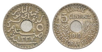 Тунис 5 сантимов 1919 A KM 242 никель латунь 4643-763