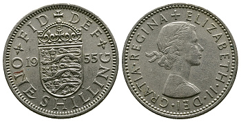 Великобритания 1 шиллинг 1955 Елизавета II (1952-2022), Английский герб KM 904, Spink 4147 медно-никель 4384-324