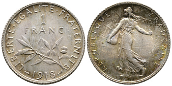 Франция 1 франк 1918 сеятель KM 844.1, Le Franc 217.24 серебро UNC 259-737