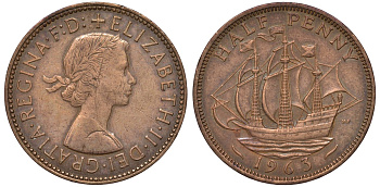 Великобритания 1/2 пенни 1963 Елизавета II (1952-2022) KM 896, Spink 4158 бронза 4122-832