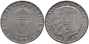 Швеция 1 крона 1988 Карл XVI Густав (1973- ) KM 852a медно-никель 4397-1222