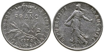 ФРАНЦИЯ 1/2 ФРАНКА 1976 СЕЯТЕЛЬ KM 931.1, LE FRANC 198.15 никель 93-1415