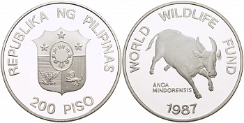 Филиппины 200 писо 1987 серия 25 лет окружающей среды, буйвол тамарау KM 248 серебро PROOF 1068-5-43