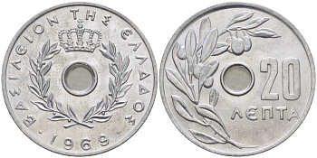 Греция 20 лепта 1969 Константин II (1964-1974), оливковая ветвь KM 79 алюминий UNC 28-822