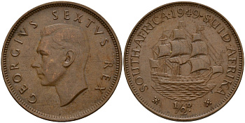 ЮАР 1/2 пенни 1949 Георг VI (1937-1952) KM 33.1 бронза 181-1024