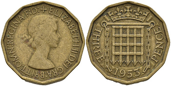 Великобритания 3 пенса 1953 Елизавета II (1952-2022) KM 886, Spink 4152 никель латунь 4146-335