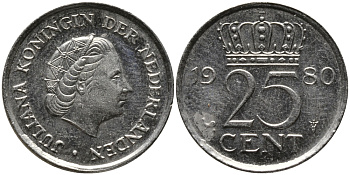 НИДЕРЛАНДЫ 25 ЦЕНТОВ 1980 ЮЛИАНА KM 183 никель 86-815