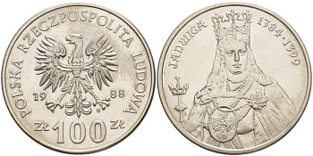 Польша 100 злотых 1988 MW, серия Польские правители, королева Ядвига (1384-1399) KM 183 медно-никель 4542-1023