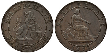 Испания 10 сентимо 1870 ОМ, лев со щитом KM 663 (Y54) медь 1528-725