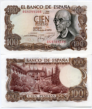 Испания 100 песет 1970 Мануэль де Фалья, летняя резиденция Мавританских королей в Гренаде Pick 152а  бумага UNC (пресс) 450-41-2