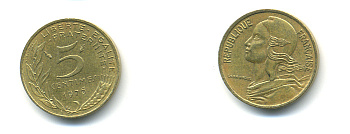 ФРАНЦИЯ 5 САНТИМОВ 1976 ТИП MARIANNE KM 933, LE FRANC 125.12 алюминиевая бронза 3999-1347