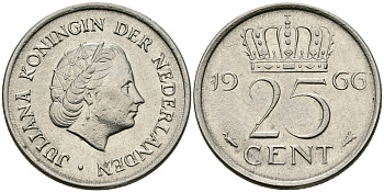 Нидерланды 25 центов 1966 Юлиана (1949-1980) KM 183 никель 96-165