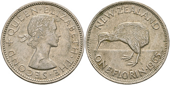 Новая Зеландия 1 флорин 1965 Елизавета II (1952-2022), птичка киви KM 28.2 медно-никель 4364-3523