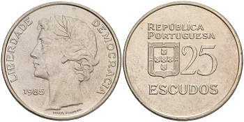 Португалия 25 эскудо 1985 KM 607а медно-никель 4557-1113