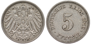 Германия 5 пфеннигов 1912 A, KM 11, J. 12 медно-никель 25-2313