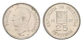 Венесуэла 25 сентимо 1987 Симон Боливар Y 50 никель UNC 4669-611