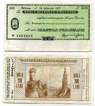 Италия чек на 200 лир 1977 Banca Di trento e bolzano, союз торговли и туризма провинции bolzano, 18 февраля 1977 бумага 8588-19-3-1