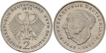 ФРГ 2 марки 1971 G, Конрад Аденауэр KM 124, J. 406 медно-никель 4159-1213