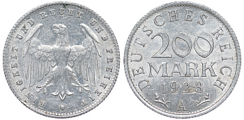 Германия 200 марок 1923 A KM 35, J. 304, Weege 22 алюминий 4604-553