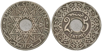 Марокко 25 сантимов 1921 Мулай Юсуф (1912-1927), Французский протекторат Y 34.1 медно-никель 4364-2842