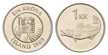 Исландия 1 крона 1989 треска KM 27a сталь плакированная никелем 4691-545