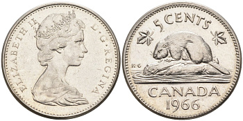 Канада 5 центов 1966 Елизавета II (1952-2022), бобер KM 60.1 никель 4586-637