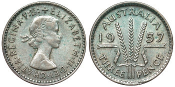 Австралия 3 пенса 1957 m, Елизавета II (1952-2022) KM 57 серебро 71-521