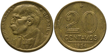Бразилия 20 сентаво 1954 Руй Барбоза ди Оливейра KM 562, Schon 67 алюминиевая бронза 4567-927