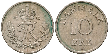 Дания 10 эре 1957 KM 841 медно-никель 4621-361