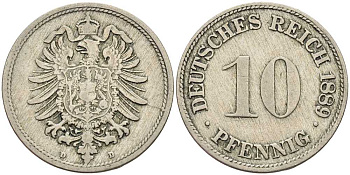 ГЕРМАНИЯ 10 ПФЕННИГОВ 1889 D, СТАРОГЕРБОВКА KM 4, J. 4 медно-никель 4401-336