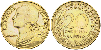 Франция 20 сантимов 1981 тип Marianne KM 930 медь алюминий никель    4177-123