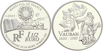 Франция 1 1/2 евро 2007 300 лет со дня смерти военного инженера Себастьена де Вобана KM 1462 серебро PROOF 01-165-14