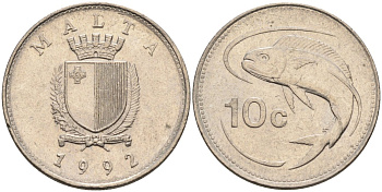 Мальта 10 центов 1992 золотая макрель KM 96 медно-никель 4588-239