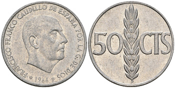 Испания 50 сентимо 1966 (68) Франсиско Франко (1939-1975) KM 795 алюминий 4602-1113