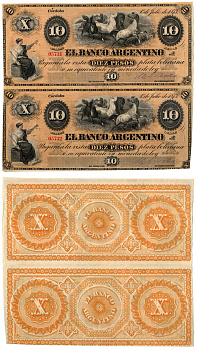 Аргентина 10 песо 1873 неразрезанные банкноты. Аллегорическая женщина ("Юстиция"), лошади Pick S1481 бумага 451-1261-1