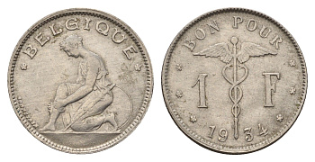Бельгия 1 франк 1934 Belgique KM 89 никель 4119-1211