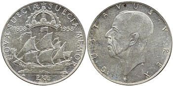 Швеция 2 кроны 1938 G, Густав V (1907-1950), 300 лет шведским поселениям в Делавере KM 807 серебро 1530-1123