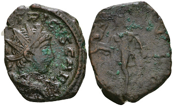 Римская Империя, императоры в Галлии антониниан 271 - 274 Тетрик II в ранге цезаря, C PIV ESV TETRICVS CAES, бюст цезаря / SPES AVGG, Спея, персонификация Мира, Августа Треверов RIC 270 биллон 1073-20-64