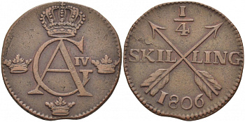 Швеция 1/4 скиллинга 1806 Густав IV Адольф (1792-1809) KM 564 (389) медь 175-1044