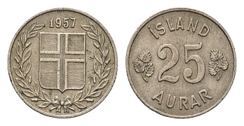 Исландия 25 эйре 1957 KM 11 медно-никель 4696-328