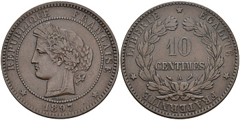 Франция 10 сантимов 1897 А, тип Ceres, третья республика (1871-1940) KM 815.1, Le Franc 135.44 бронза 81-1135
