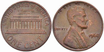 США 1 ЦЕНТ 1968 ЛИНКОЛЬН KM 201 медь цинк 105-645