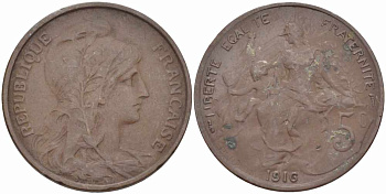 ФРАНЦИЯ 5 САНТИМОВ 1916 ТИП ДАНИЭЛЬ ДЮПЮИ KM 842, LE FRANC 119.28 бронза 108-953