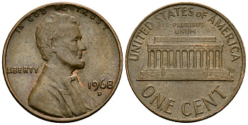 США 1 цент 1968 D, Линкольн KM 201 медь цинк 4136-126